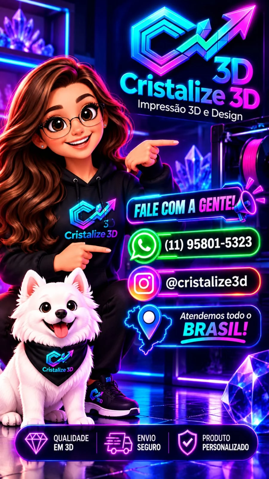 Mascote com óculos e identidade Cristalize3D em um ateliê ilustrado de impressão 3D